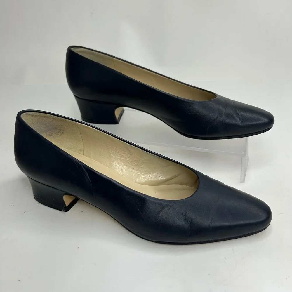Etienne Aigner Madison Navy Blue Leather Block Heel Pumps Shoes Made Spain 6.5M